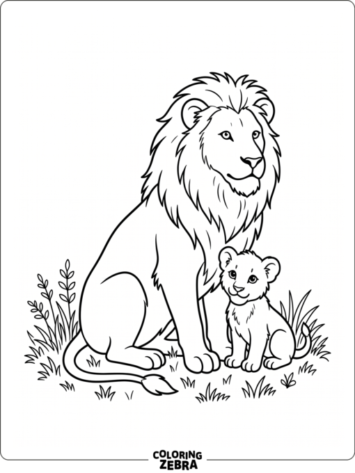 A lion and cub sitting together in grass