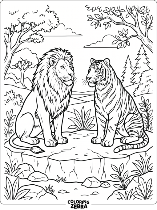 A lion and tiger facing each other