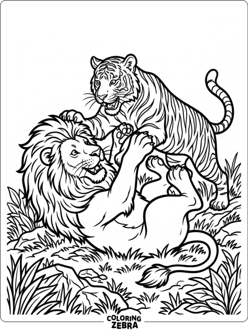 A lion and tiger sparring with raised paws