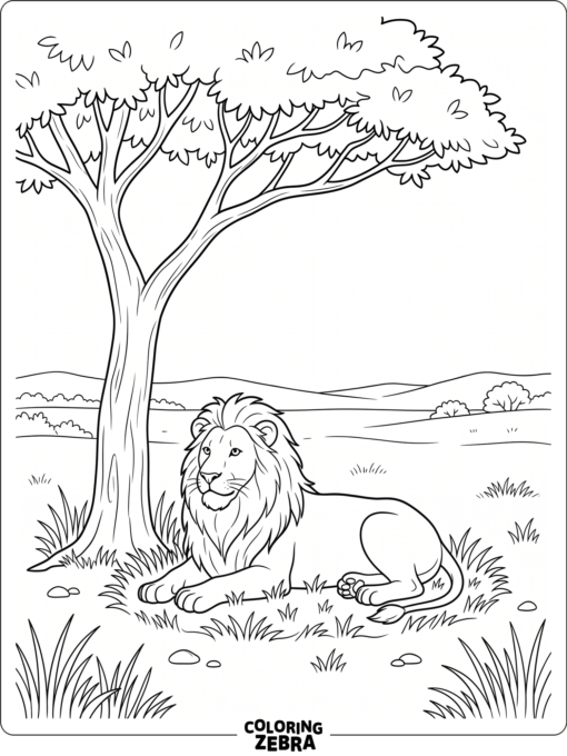 A lion rests under a tree in open grass