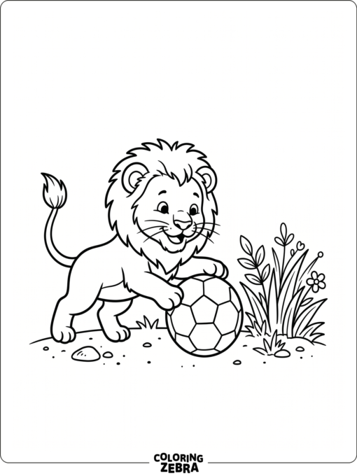 A lion cub plays with a ball near grass