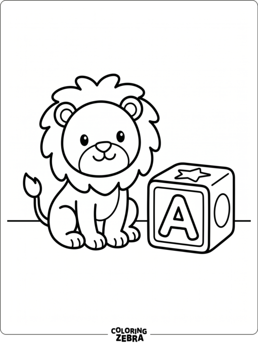 A tiny lion sits beside a toy block