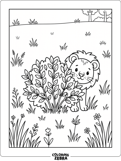 A lion cub peeks from behind a bush