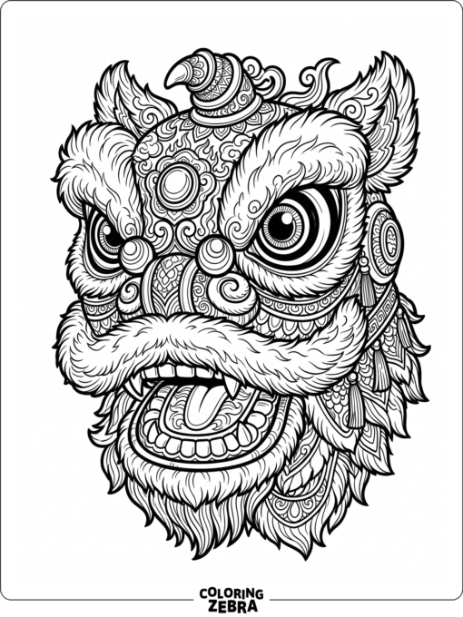 An ornate lion dance head with large eyes
