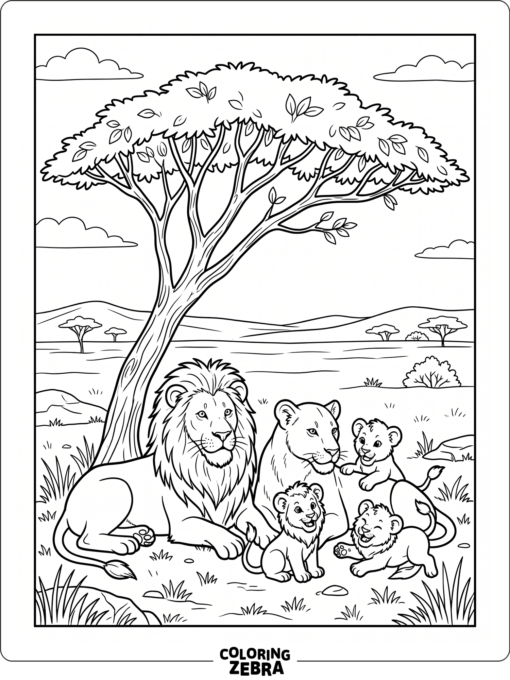 A lion family gathered near a tree