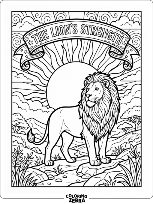 A regal lion standing in front of a sunburst