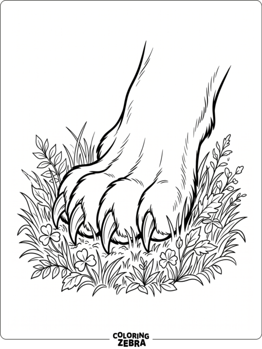 A large lion paw rests on grass