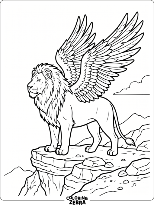 A winged lion stands on a rocky ledge