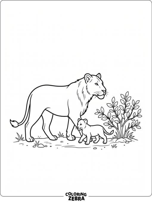 A lioness walking with her cub