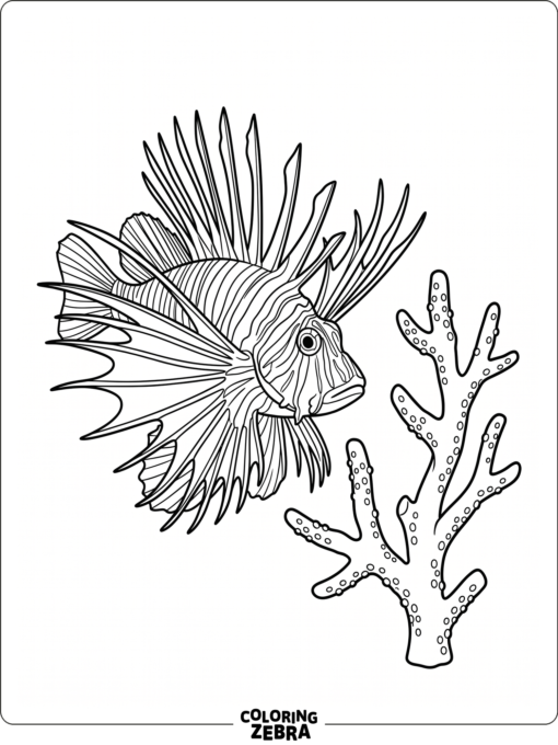 A lionfish with spiky fins near a coral branch