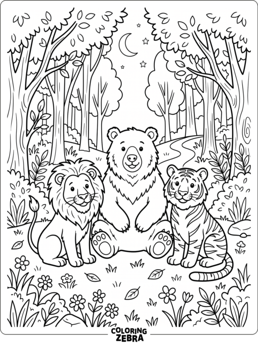 A lion, tiger, and bear in a forest clearing