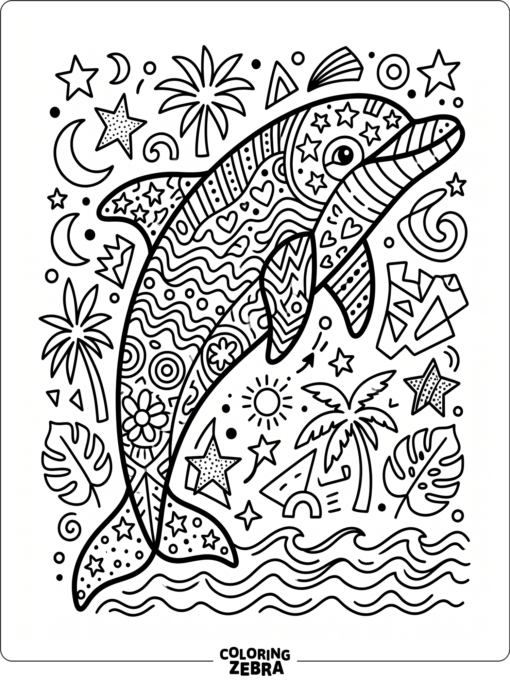 A retro dolphin with stars and tropical shapes