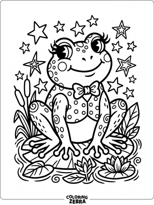A retro frog surrounded by stars and bold shapes