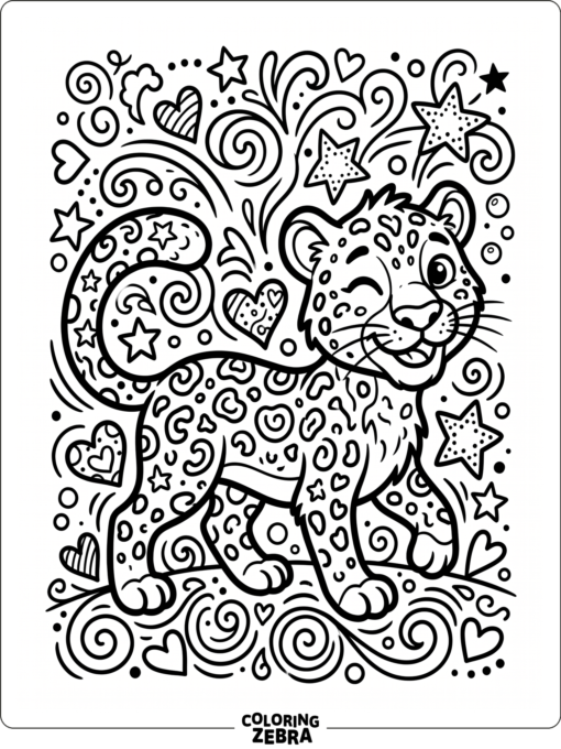 A bright cartoon leopard with stars and hearts