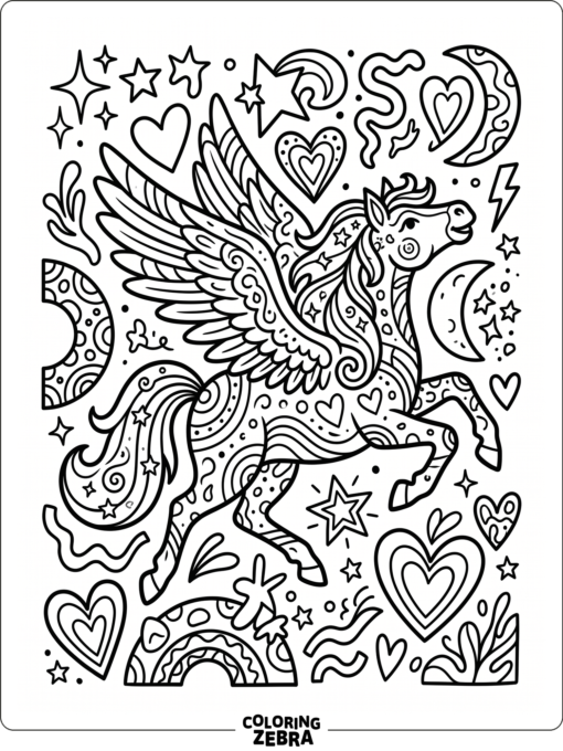 A bright retro winged horse with stars and hearts