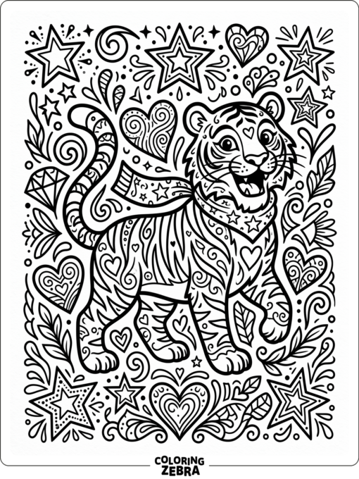 A retro tiger with stars and hearts