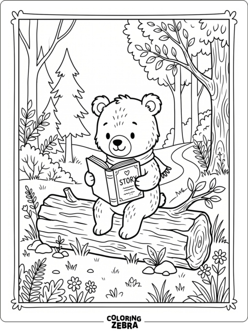 A little bear reads a book while sitting on a log