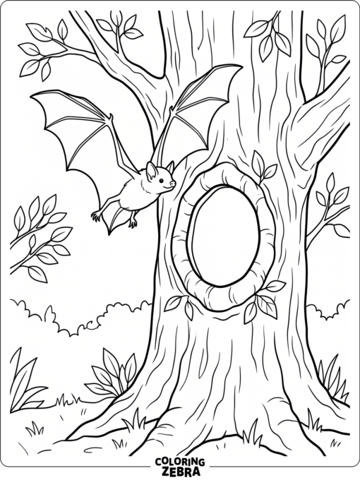 A little brown bat flying near a tree hollow