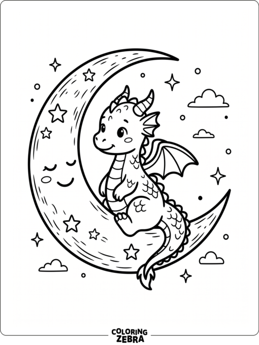 A little dragon sitting on a crescent moon
