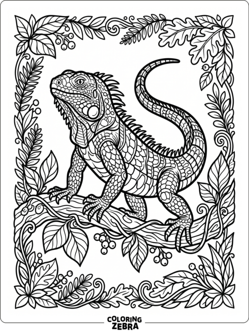 A bold lizard with leafy border details