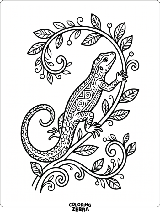 A decorative lizard on a curling vine