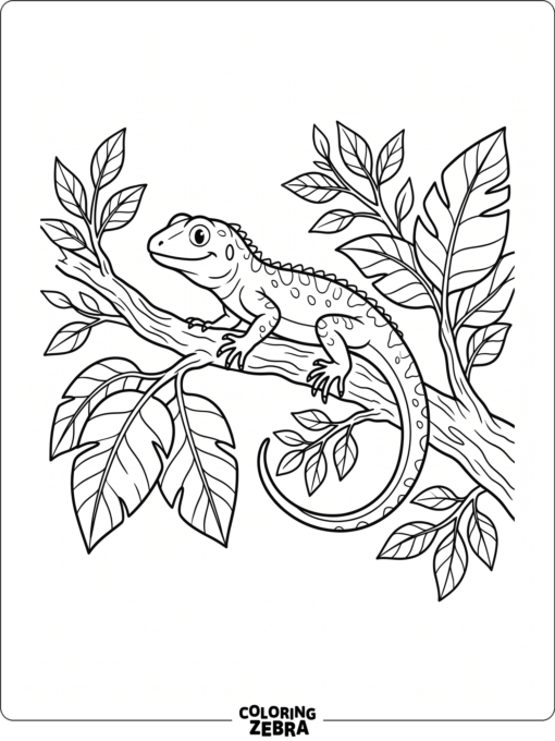 A lizard perched on a branch with leaves around it