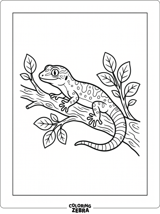 A lizard on a branch with leaves and open background