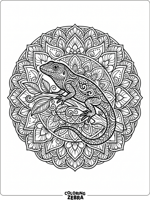 A lizard framed by mandala petals and leaves