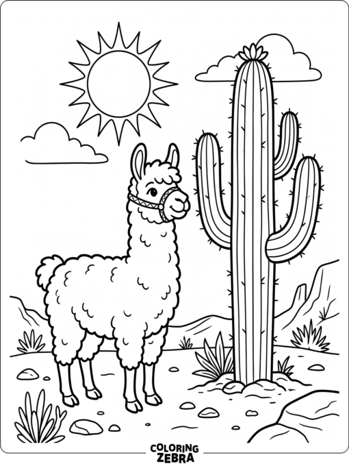 A llama standing beside a tall cactus