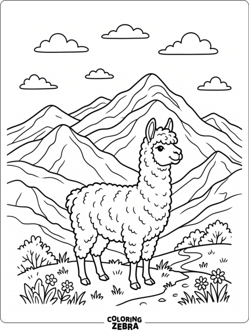 A llama standing below mountains and clouds