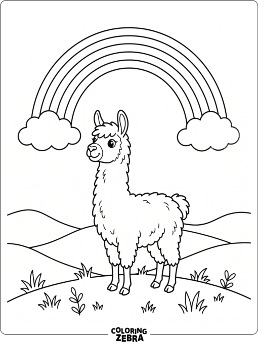 A llama standing under a rainbow with clouds
