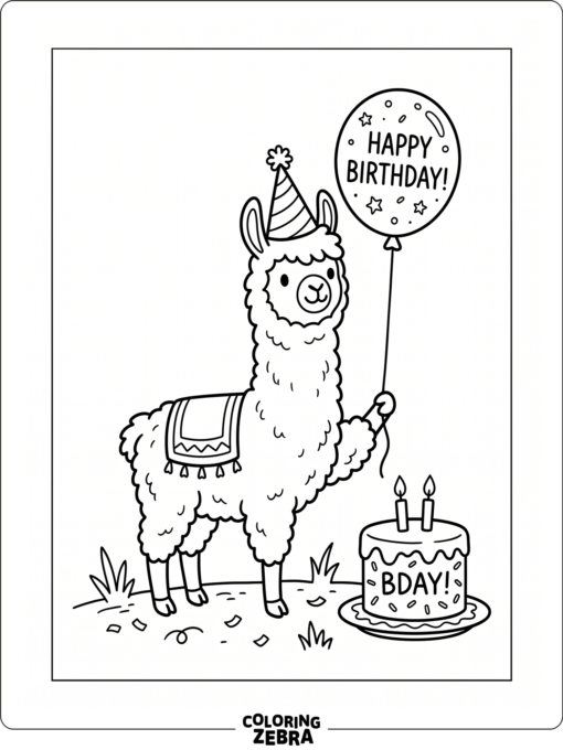 A llama with a birthday balloon and cake