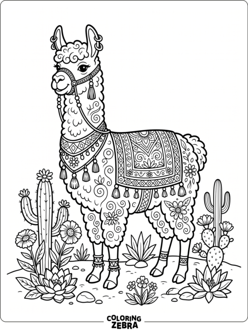 A detailed llama with a decorated blanket