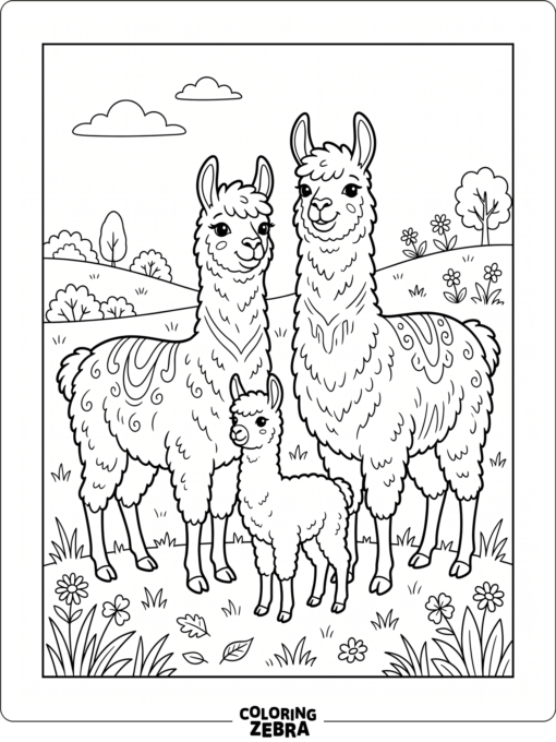 A llama family with a baby standing together