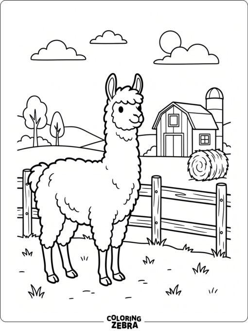 A llama standing near a fence on a farm