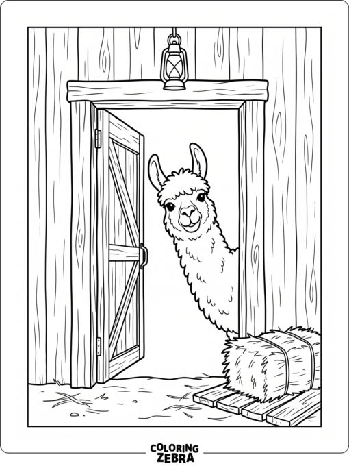 A llama in a barn doorway with hay on the floor