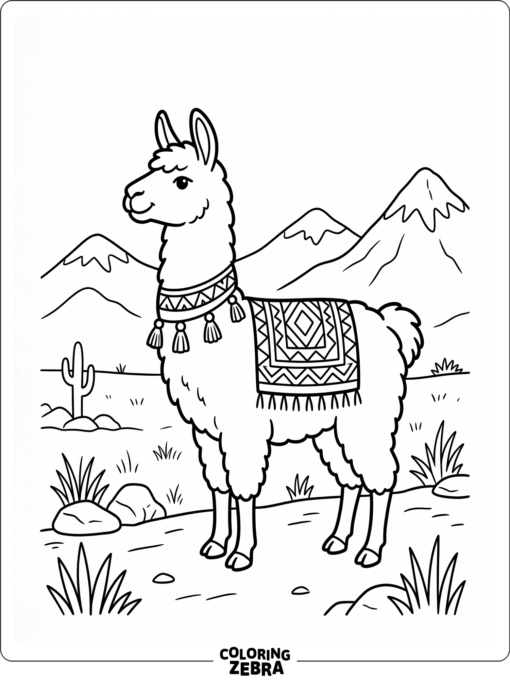 A llama in Peru with mountains and woven cloth