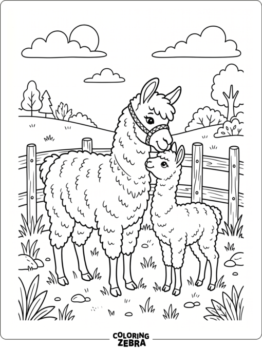 A mother llama nuzzling her baby