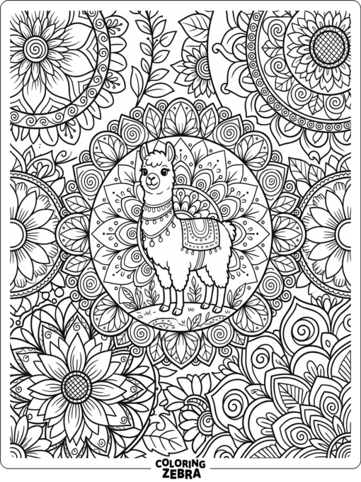 A llama framed by floral mandala patterns