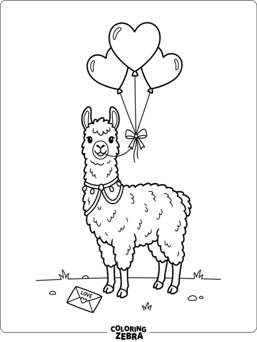 A llama with heart balloons and an envelope