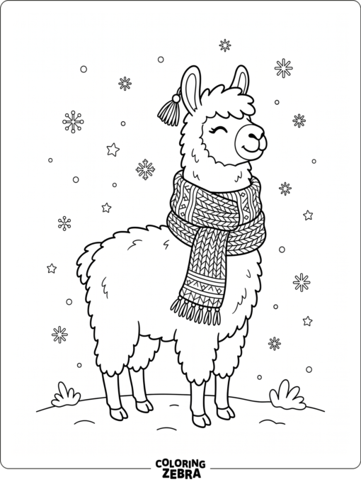 A llama wearing a scarf with snowflakes