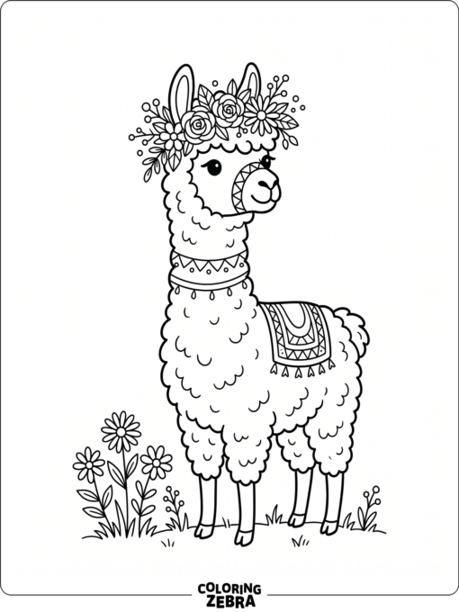 A llama wearing flowers and a crown of petals