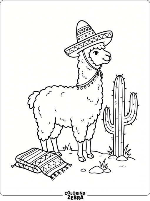 A llama wearing a sombrero near a cactus