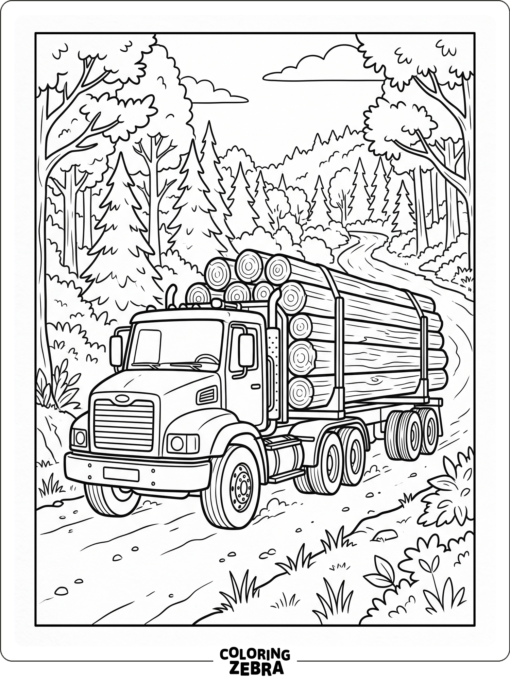 A logging truck loaded with cut logs on a forest road