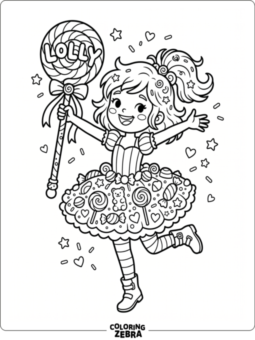 Lolly holding a lollipop staff in a candy skirt