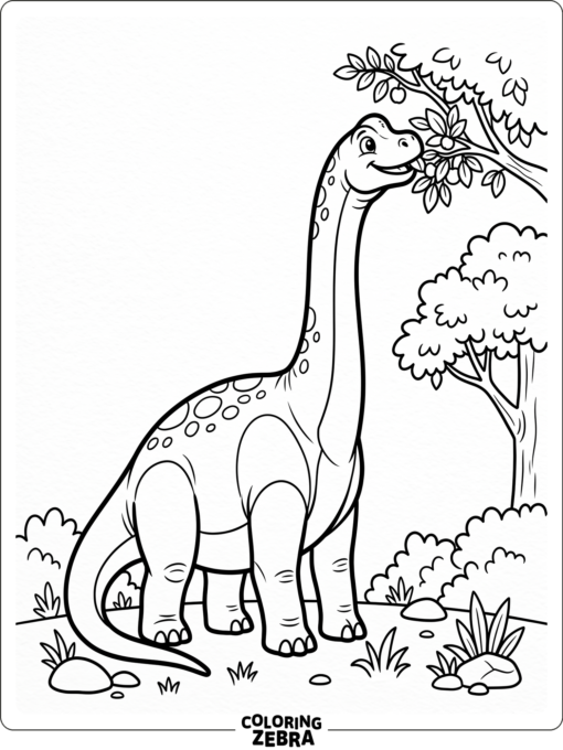 A long-necked brachiosaurus reaches up for leaves on a branch