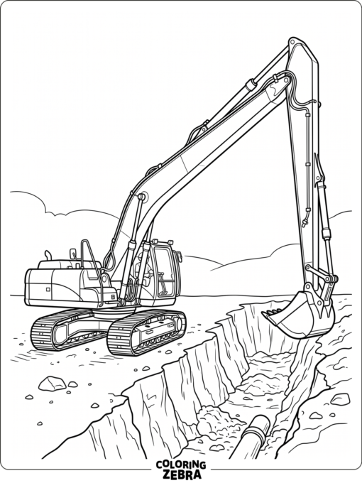 A long reach excavator extending its arm over a trench