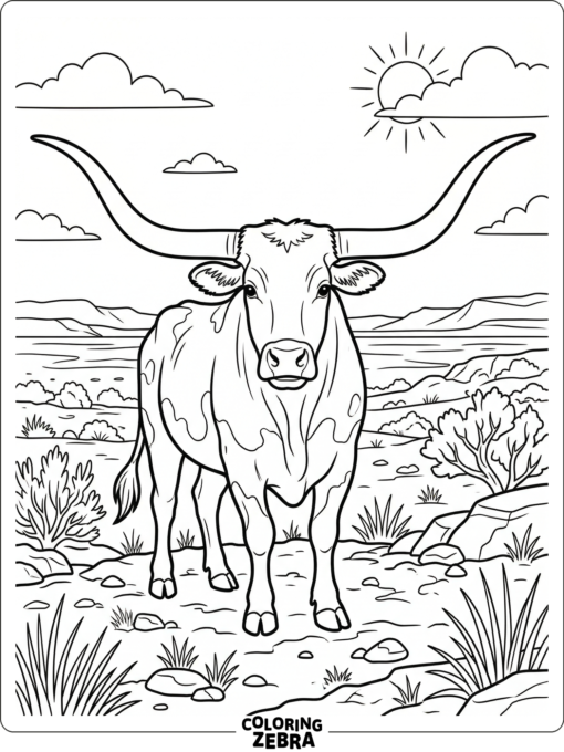 A longhorn bull with very wide horns in a dry plain