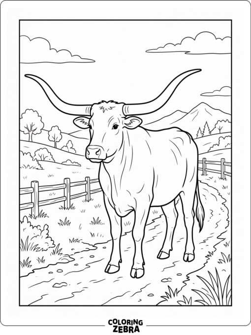 A longhorn cow standing on a ranch path