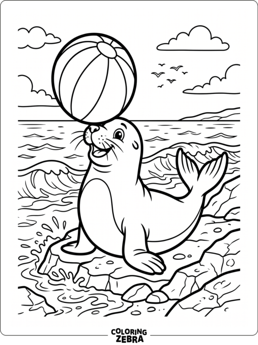 A playful seal balances a ball on its nose near the shore